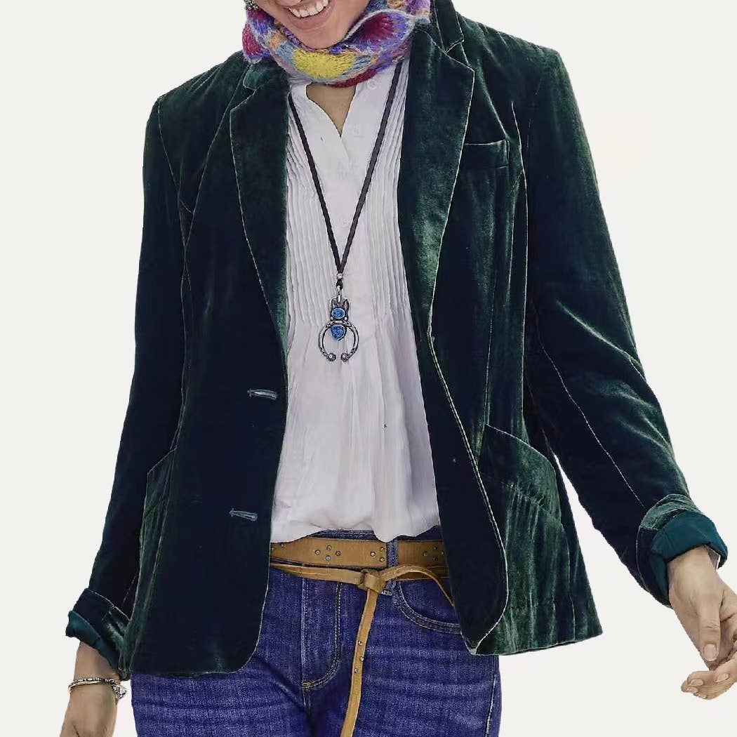 Classic Solid Velvet  Long Sleeve Button Blazer