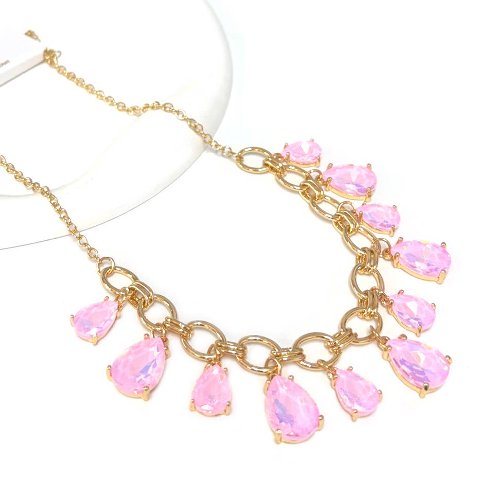 Sparkly Pink Teardrop Crystal Glass Charms Paparazzi Necklace