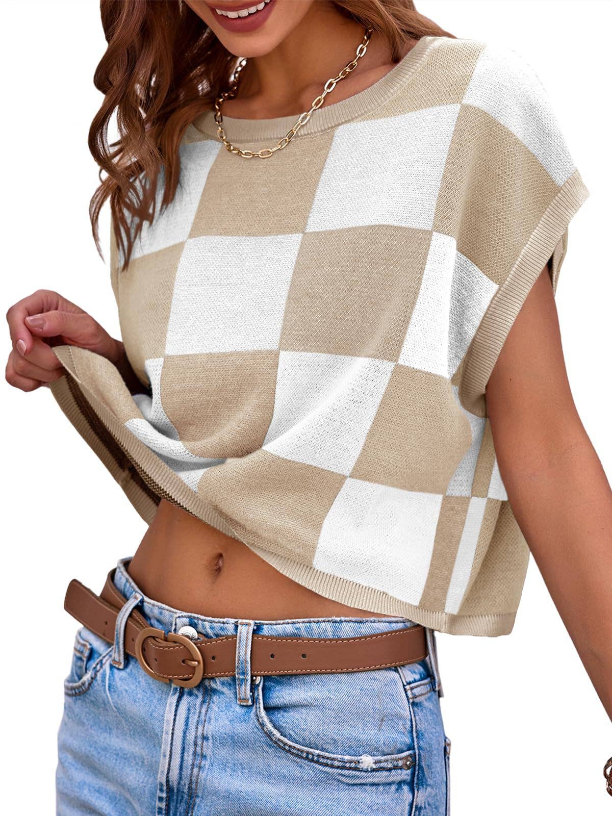 Women’s Colorblock Checkerboard Knit Crop Sweater Tee