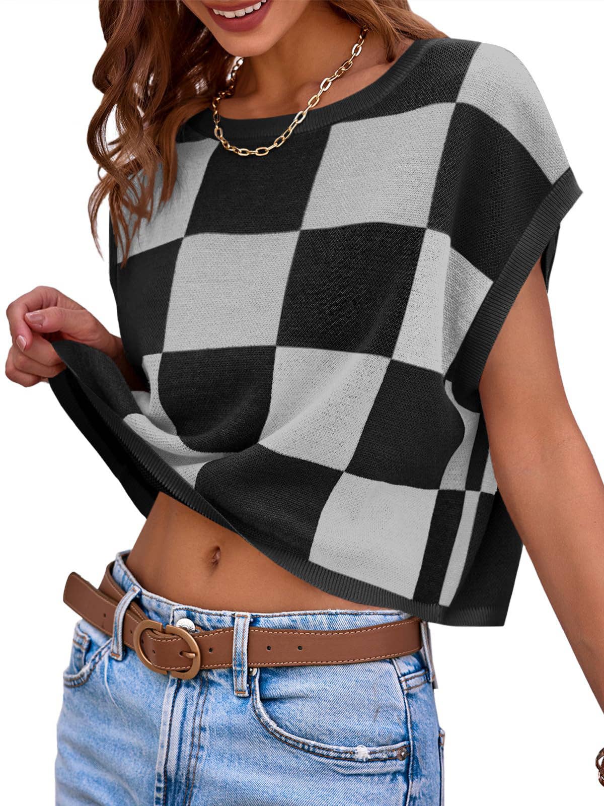 Women’s Colorblock Checkerboard Knit Crop Sweater Tee