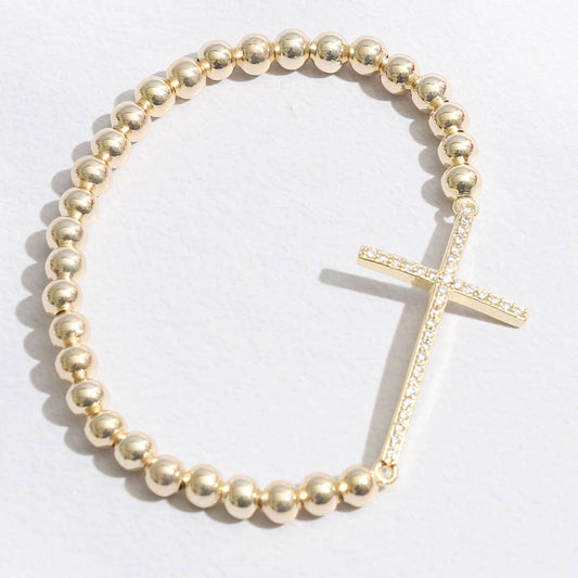Pave Cross Beaded Gold Tone Bracelet