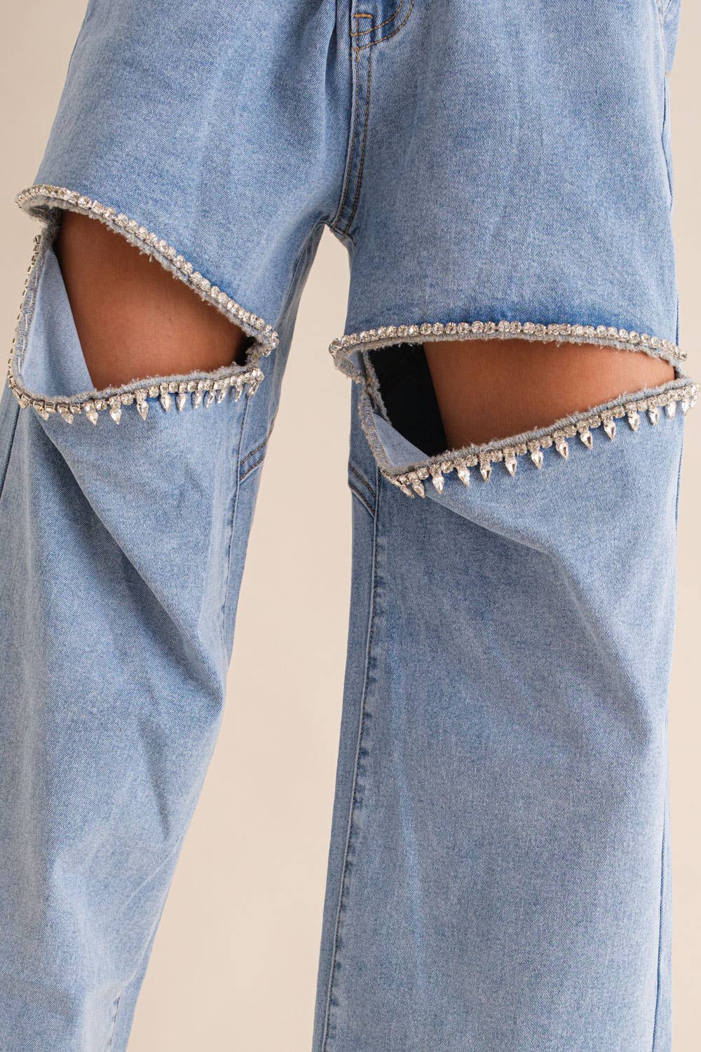 Cut Out Front Rhinestone Washed Denim Jeans: Black / S