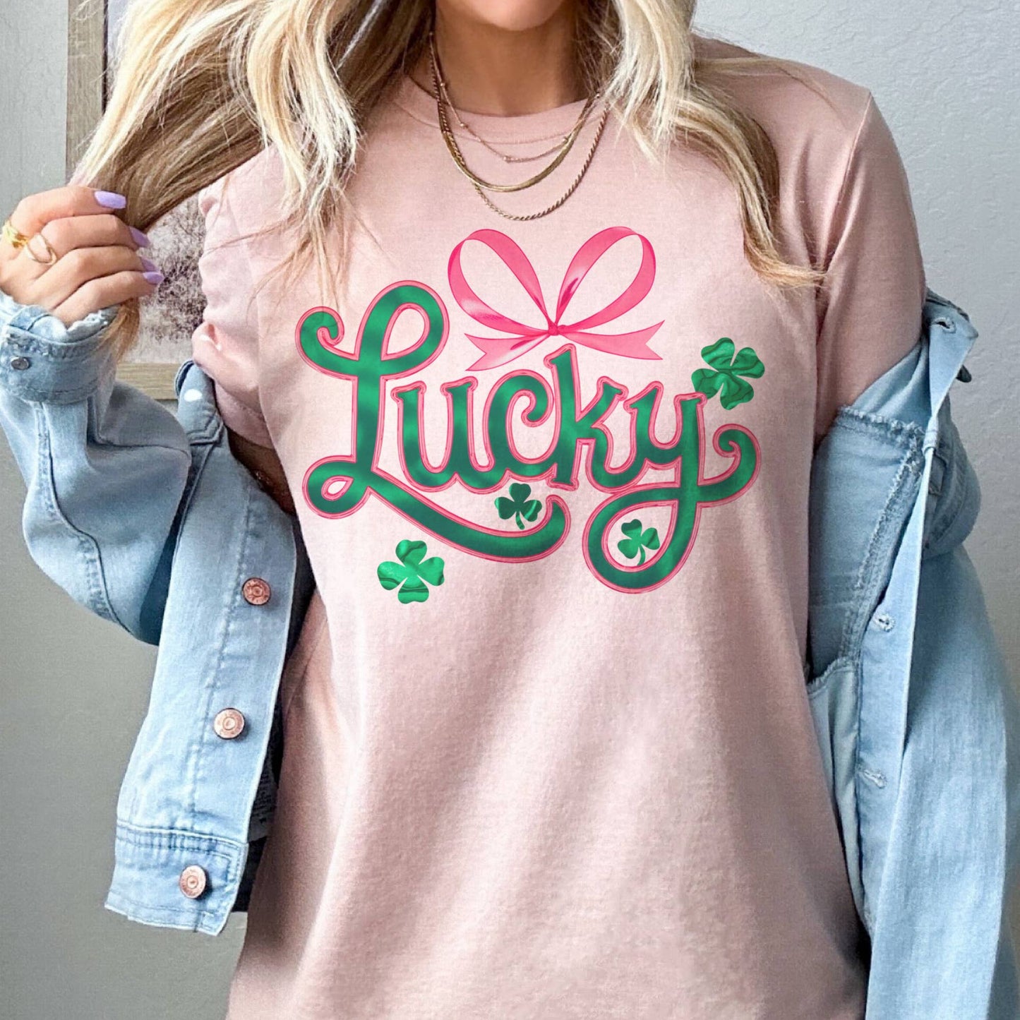 St. Patrick's Day Lucky Pink Girly Tee Bow Graphic Tshirt