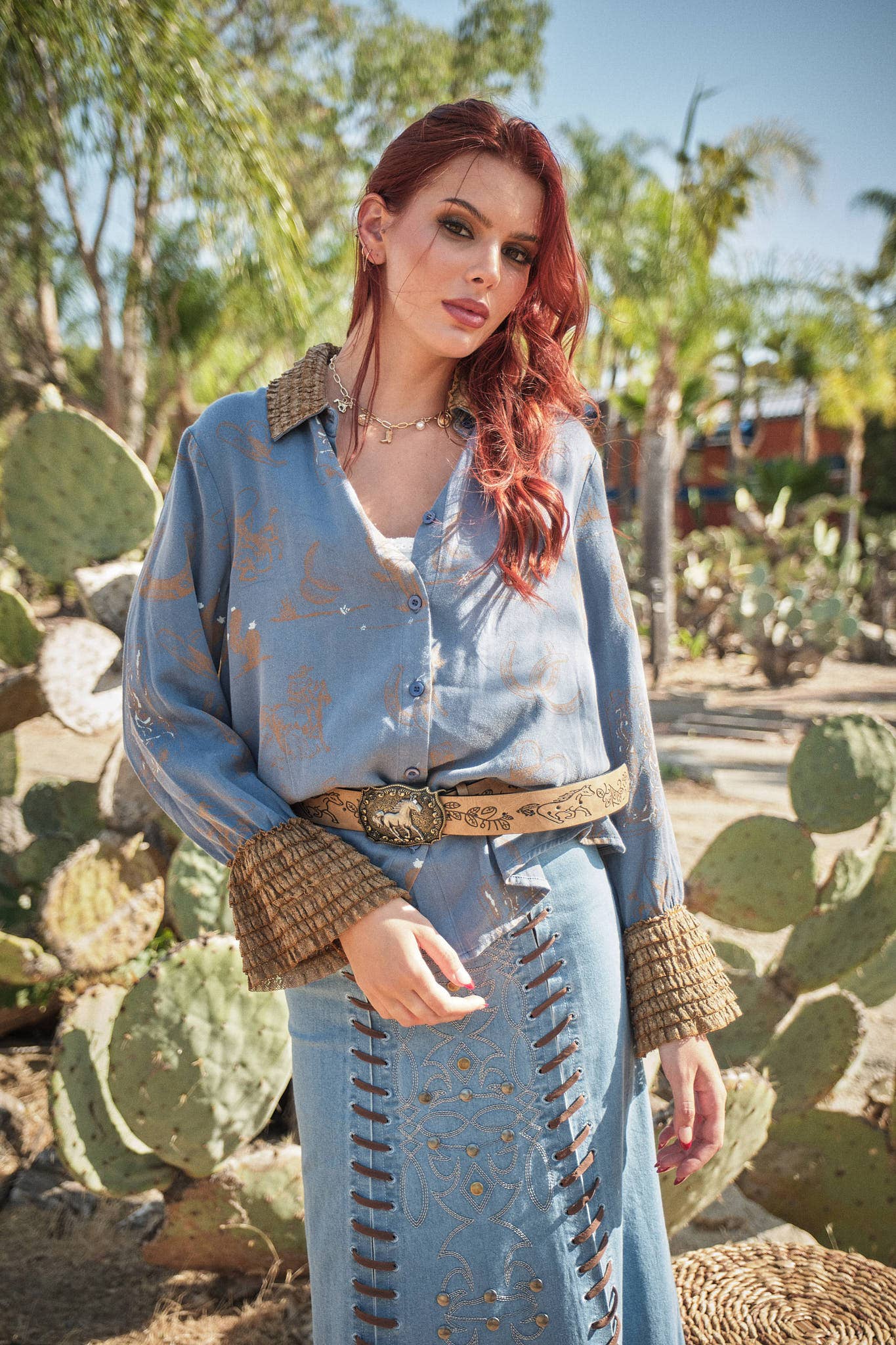 Western Denim Blue Ruffle Cuff Shirt