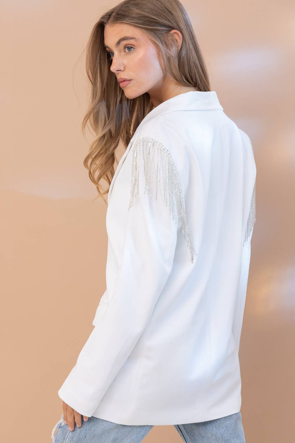 Stretch Rhinestone Fringe Shoulder Blazer