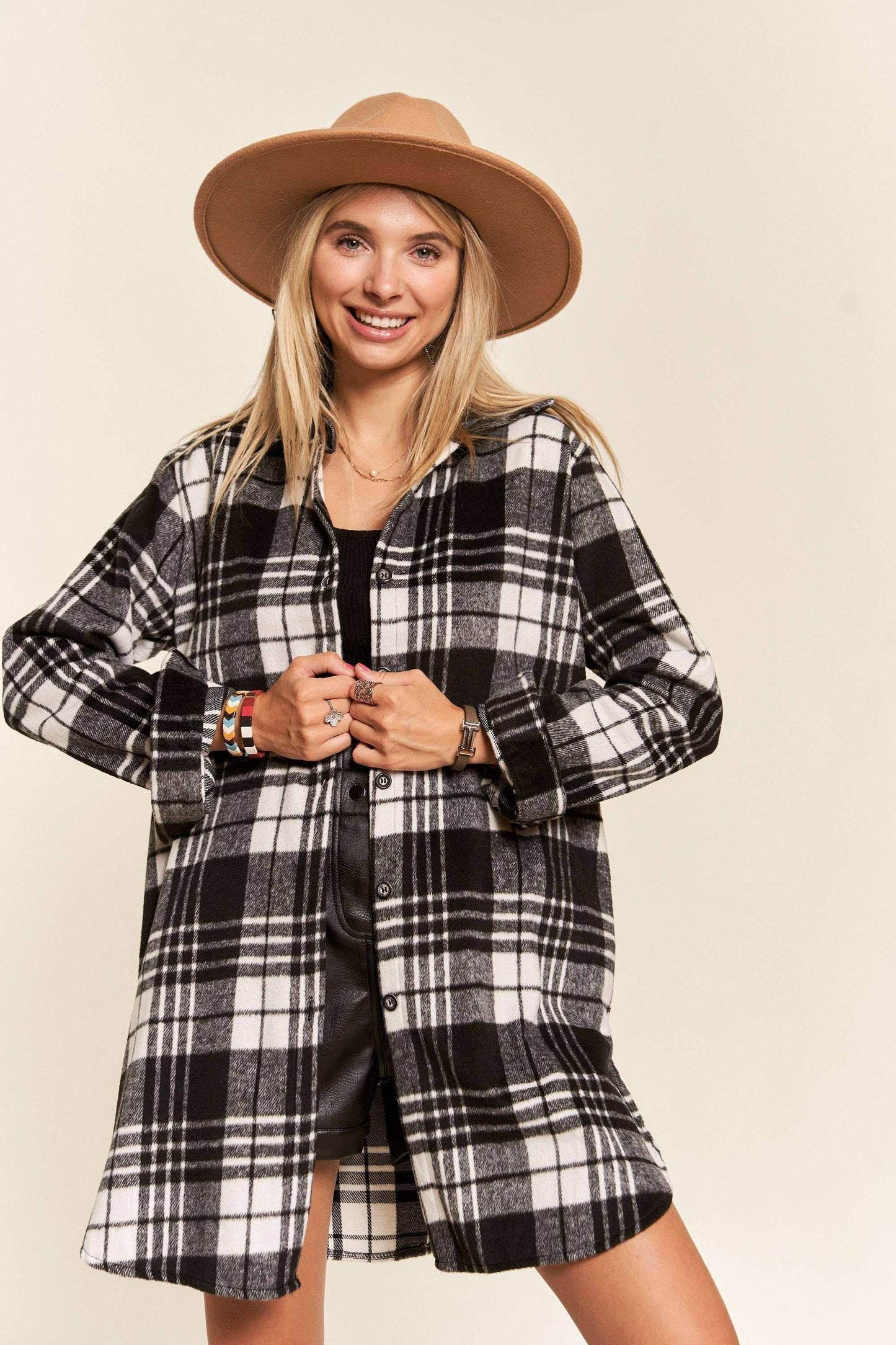 R&Blk BUTTON DOWN FLANNEL SHACKET