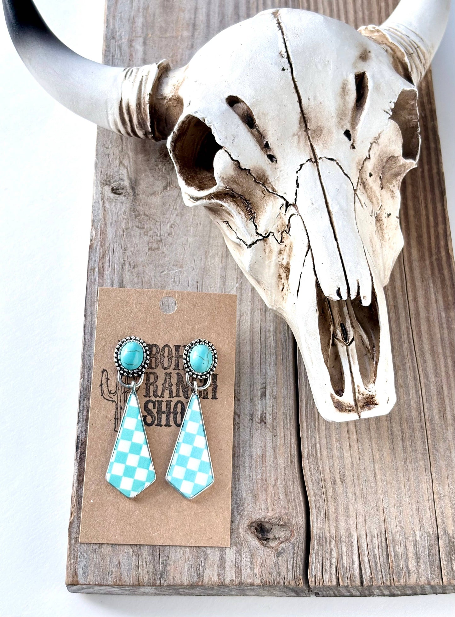 Western Style Stone & Checkerboard Post Drop Dangle Earrings