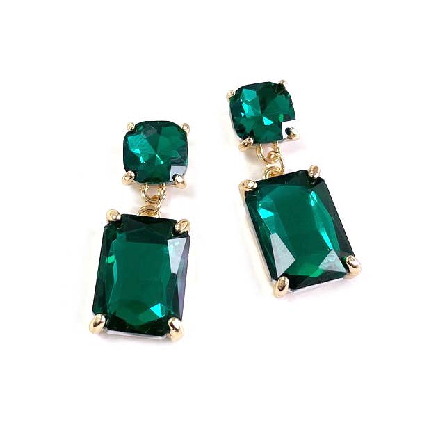 Double Square Linked Crystal Glass Dangle Earrings