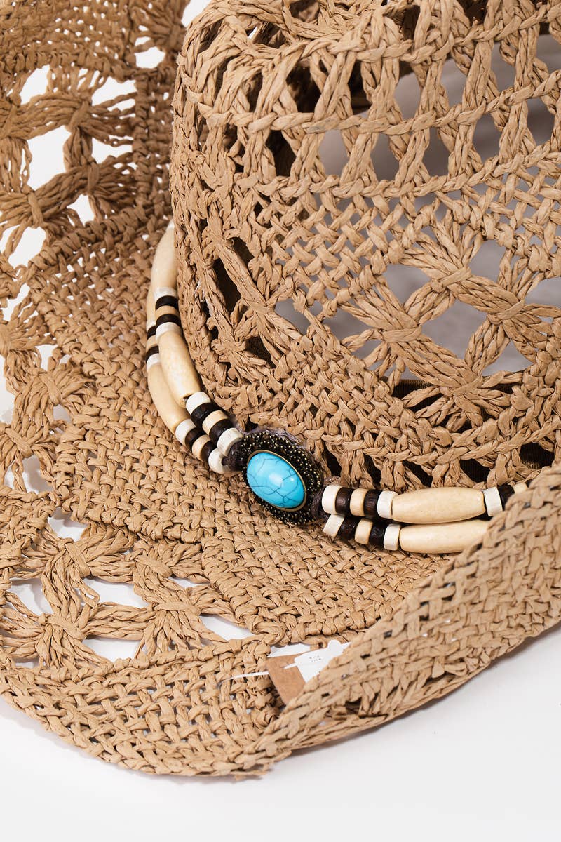 Straw Braided Beaded Strap Cowboy Hat