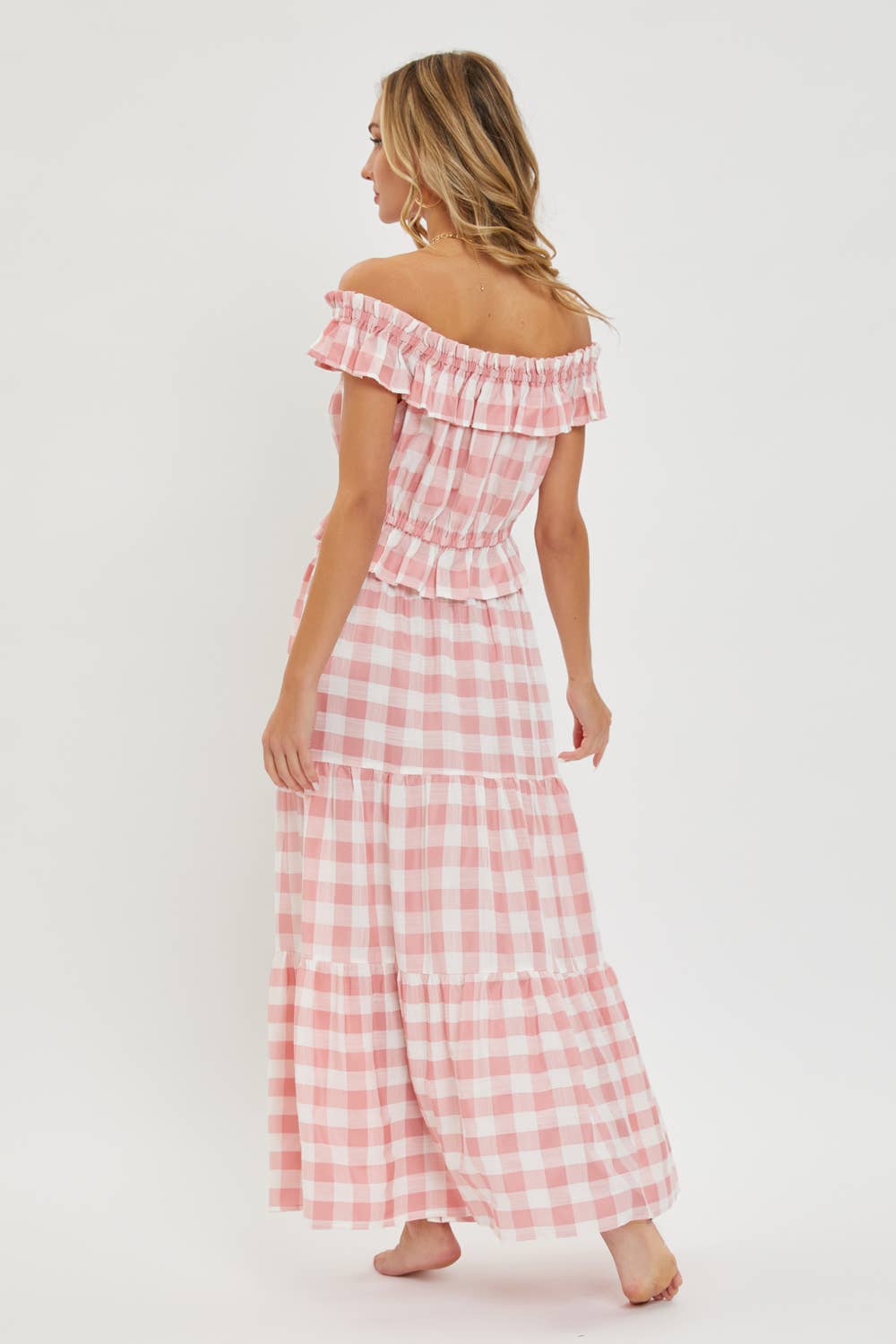 Gingham Tiered Maxi Skirt w Pockets