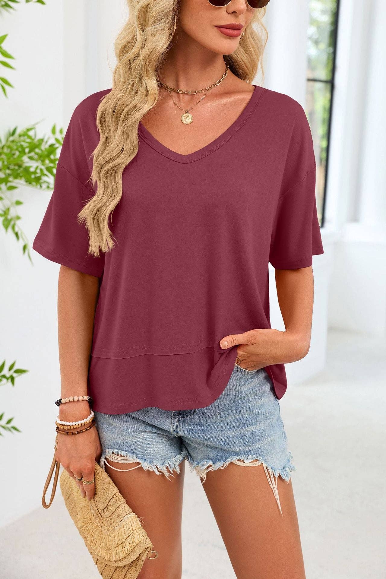 V Neck Loose Fit Tee Casual Short Sleeve Summer Top