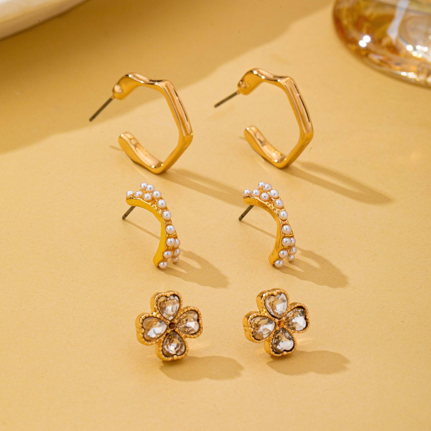 Floral Gem Pearl Hoop Trio Earrings