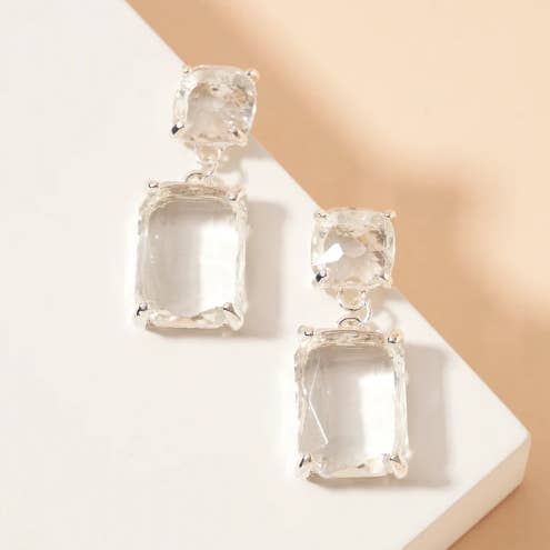 Double Square Linked Crystal Glass Dangle Earrings