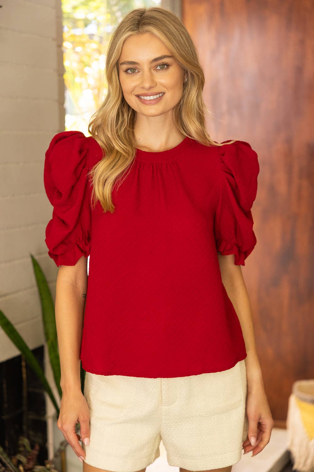 Red Puff Sleeve Knit Top