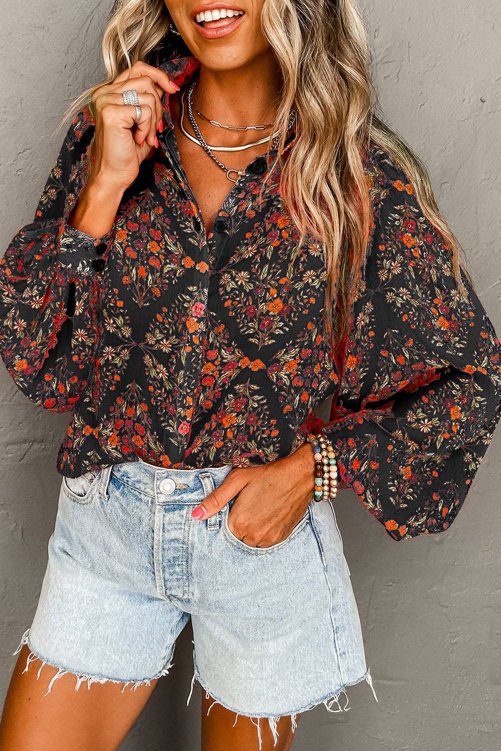 Black Strawberry Floral Puff Sleeve Shirt