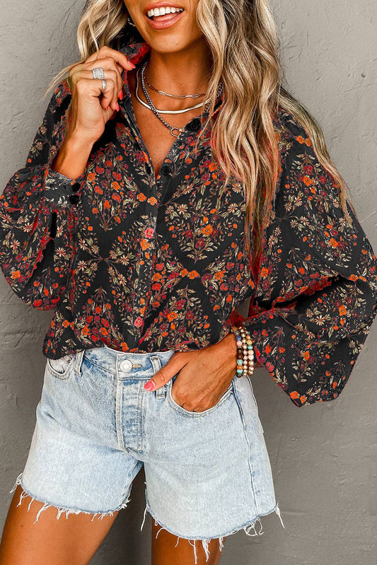 Black Strawberry Floral Puff Sleeve Shirt
