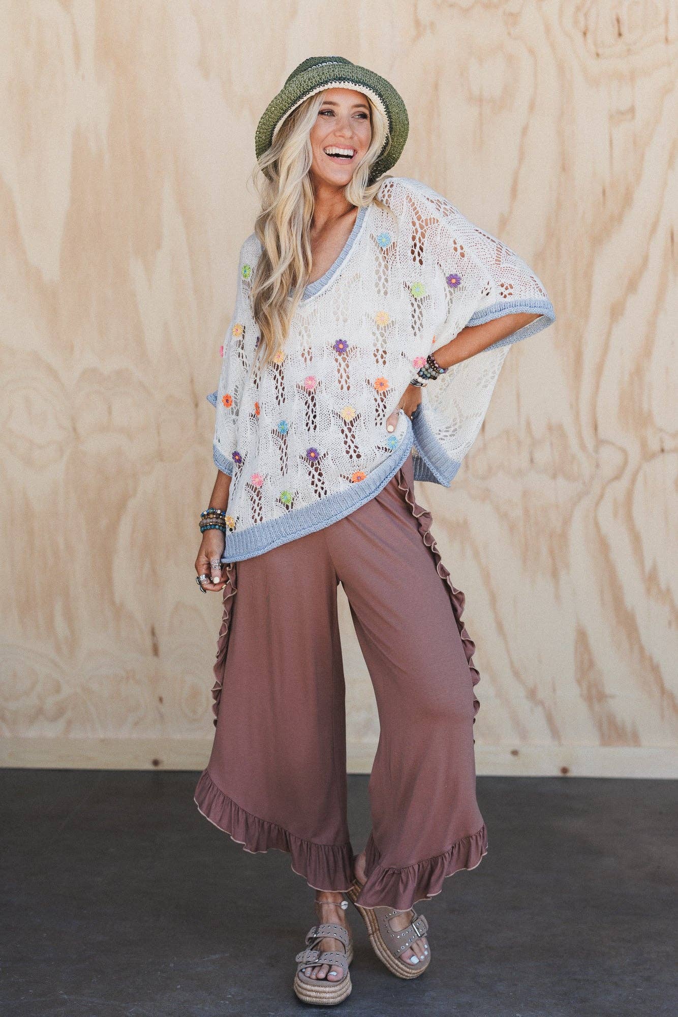 Ruffle Wide Leg Pants - Dark Mocha