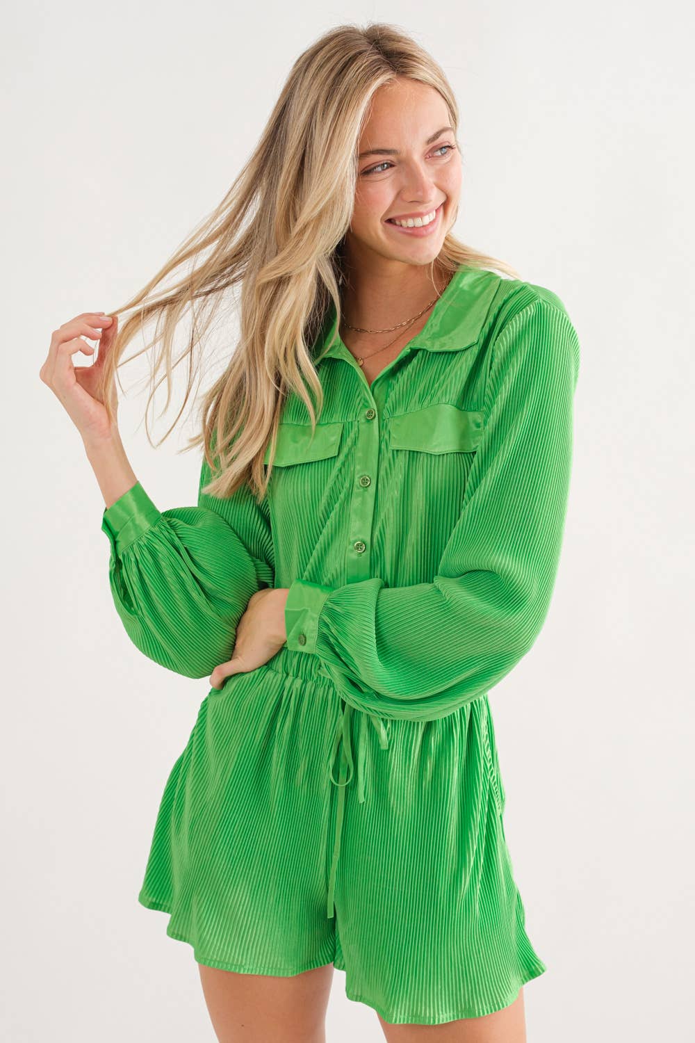 Accordion Pleated Collared Romper