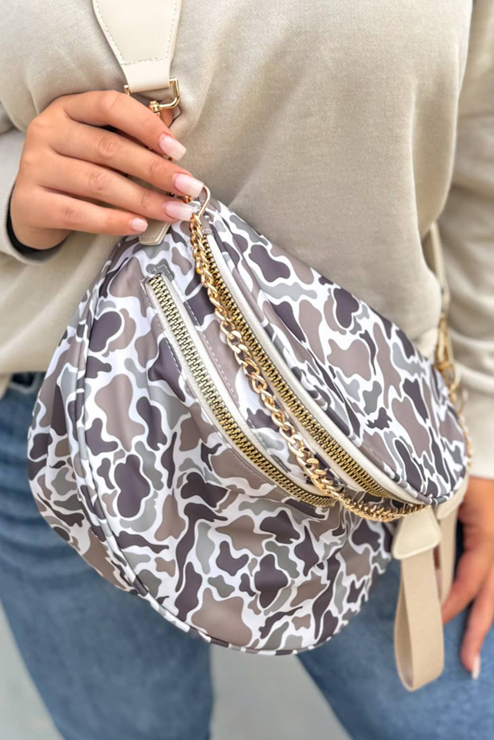 Camo / Polka Dot Print Gold Chain Strap Zipper Crossbody Bag