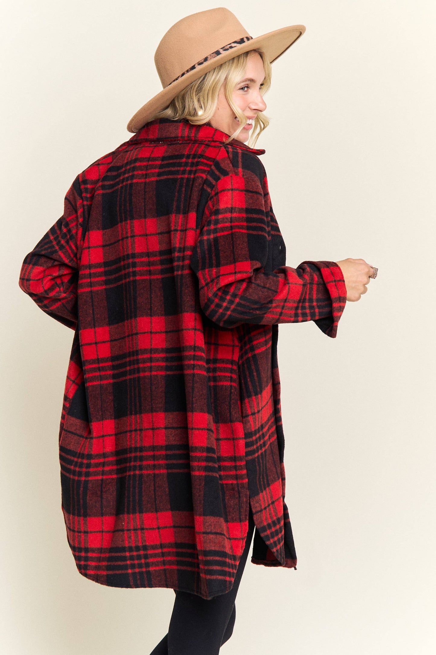 R&Blk BUTTON DOWN FLANNEL SHACKET