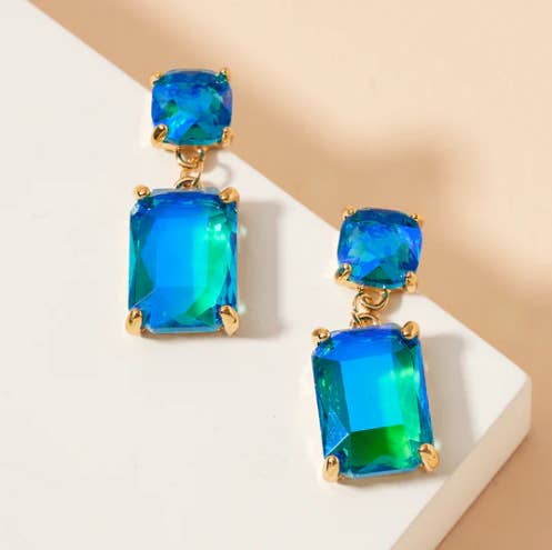 Double Square Linked Crystal Glass Dangle Earrings