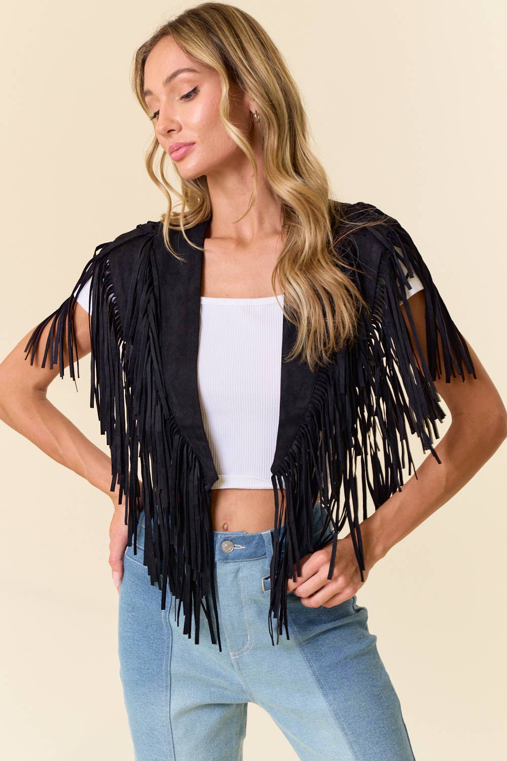 Western Suede Black Fringe Shrug