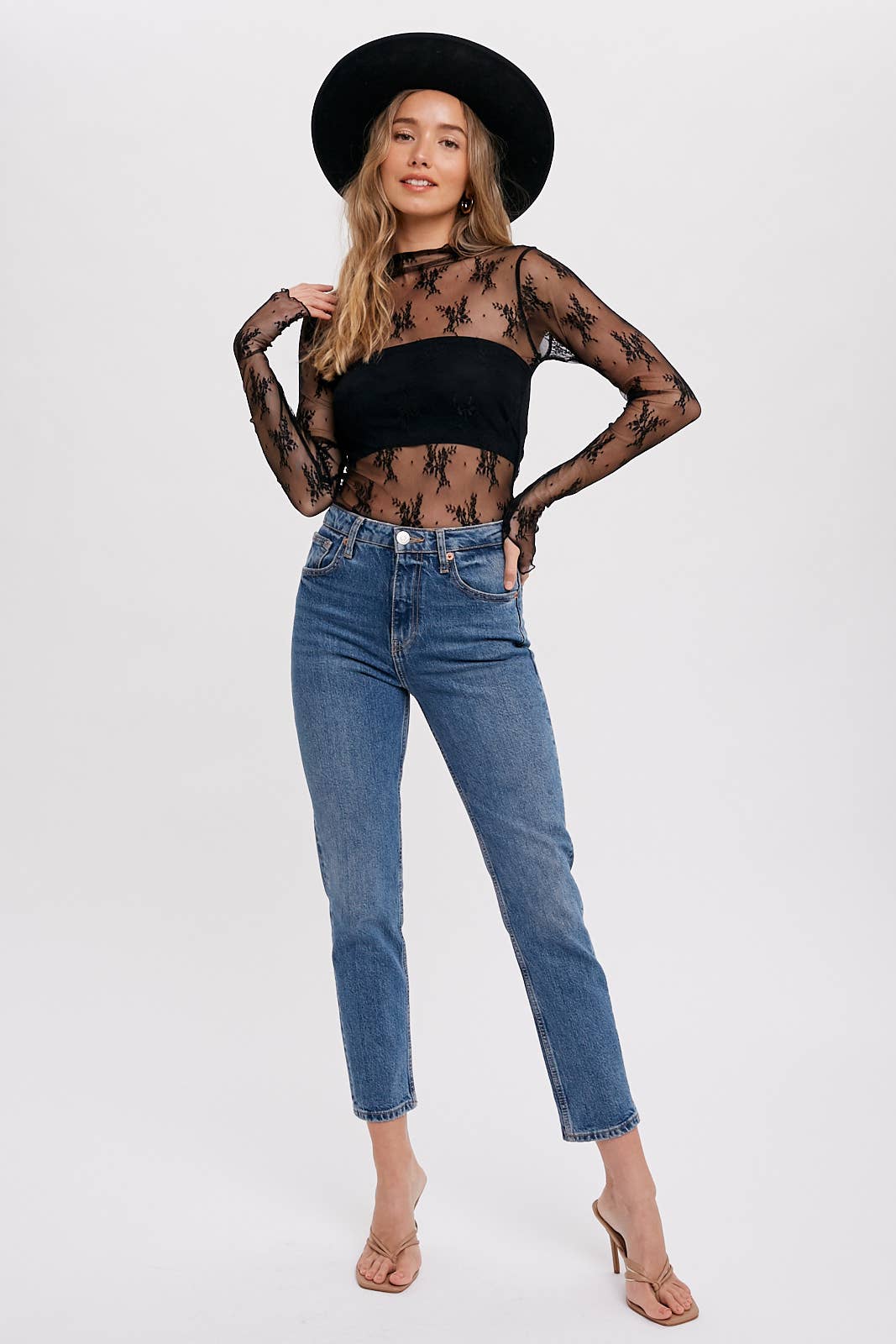 FLORAL LACE MESH TOP BLK