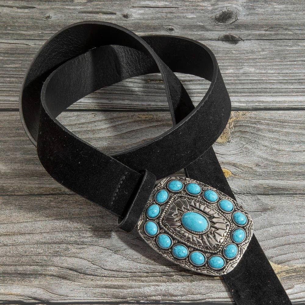 Turquoise  Western Concho Buckle Vegan Leather Belt