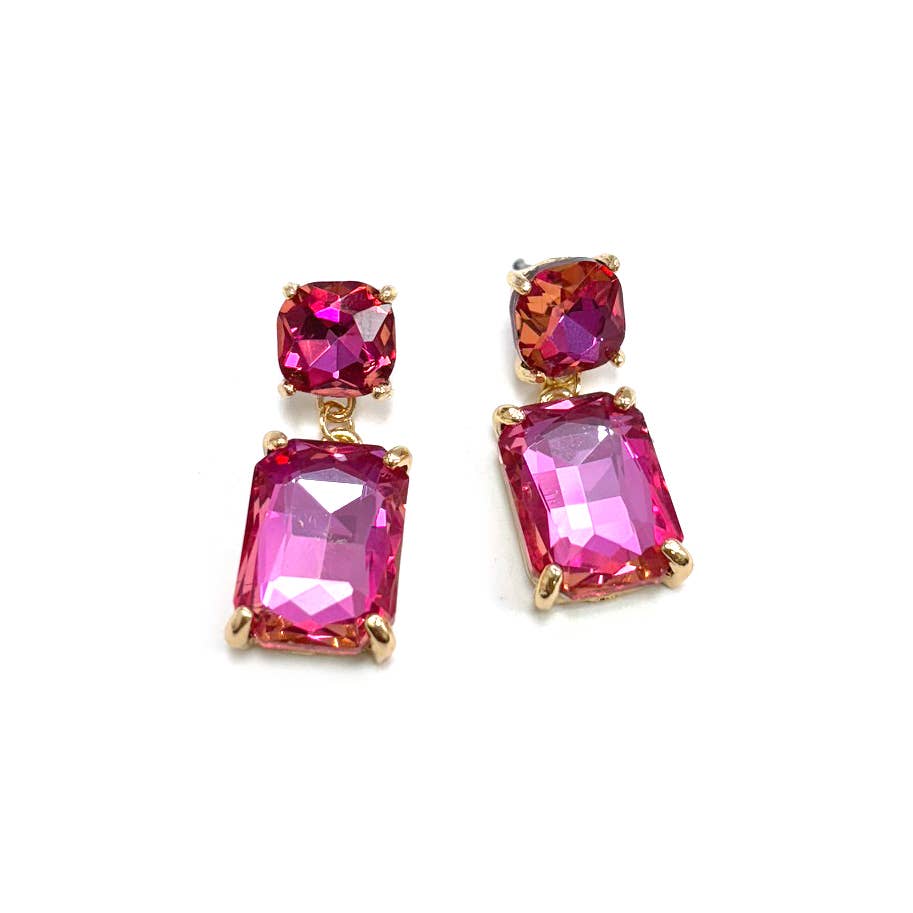 Double Square Linked Crystal Glass Dangle Earrings