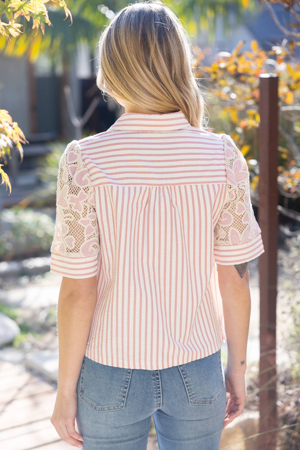 Collared V-Neck Stripe and Lace Mixed Fabric Top