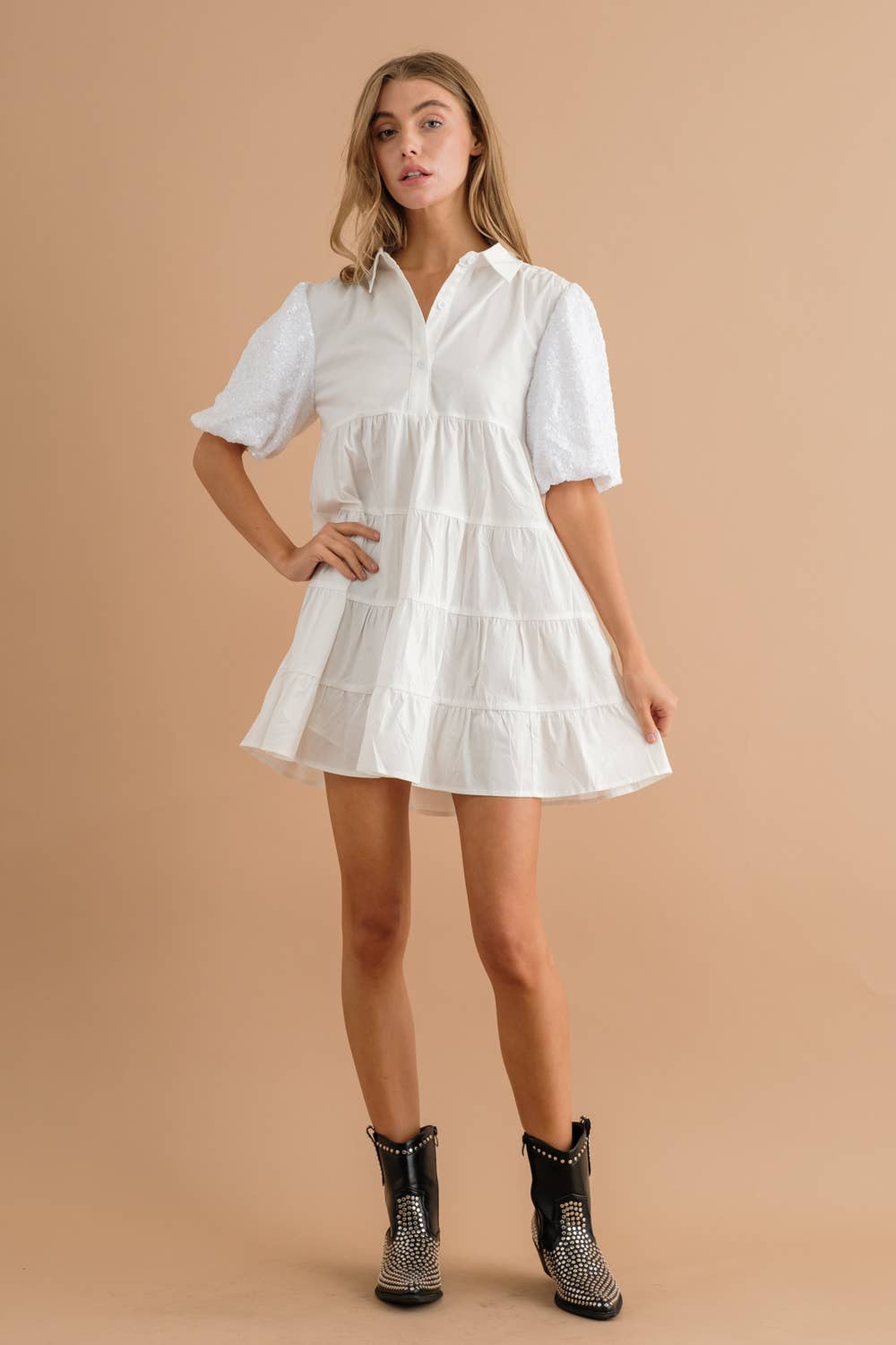 Sequin Puff Tiered Button Up Dress