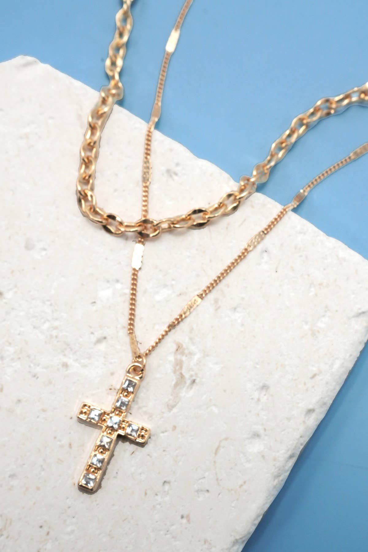 DOUBLE LAYER RHINESTONE CROSS NECKLACE |