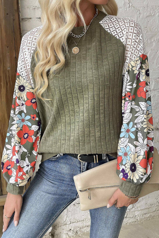 Laurel Green Floral Patchwork Ribbed Blouse
