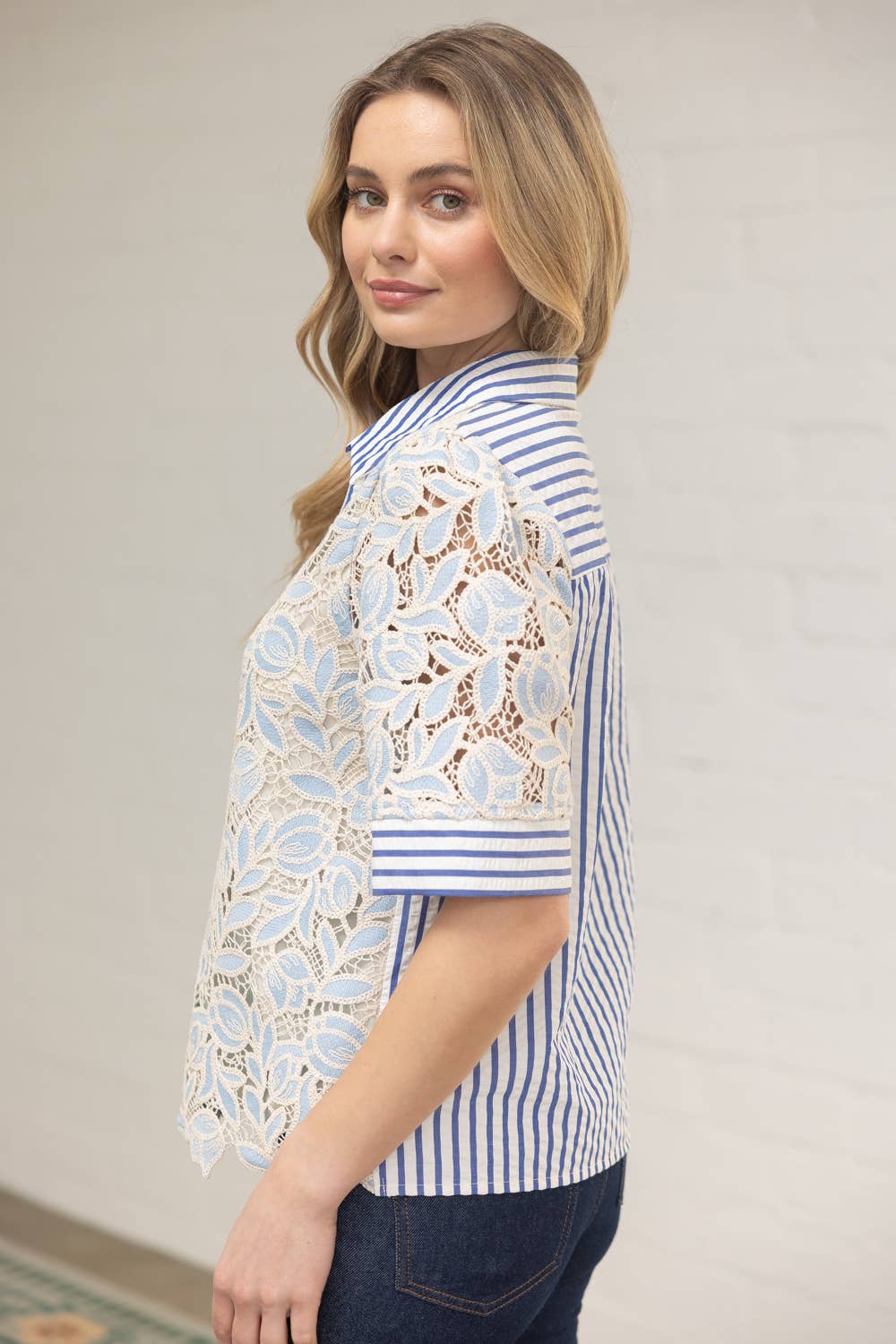 Collared V-Neck Stripe and Lace Mixed Fabric Top