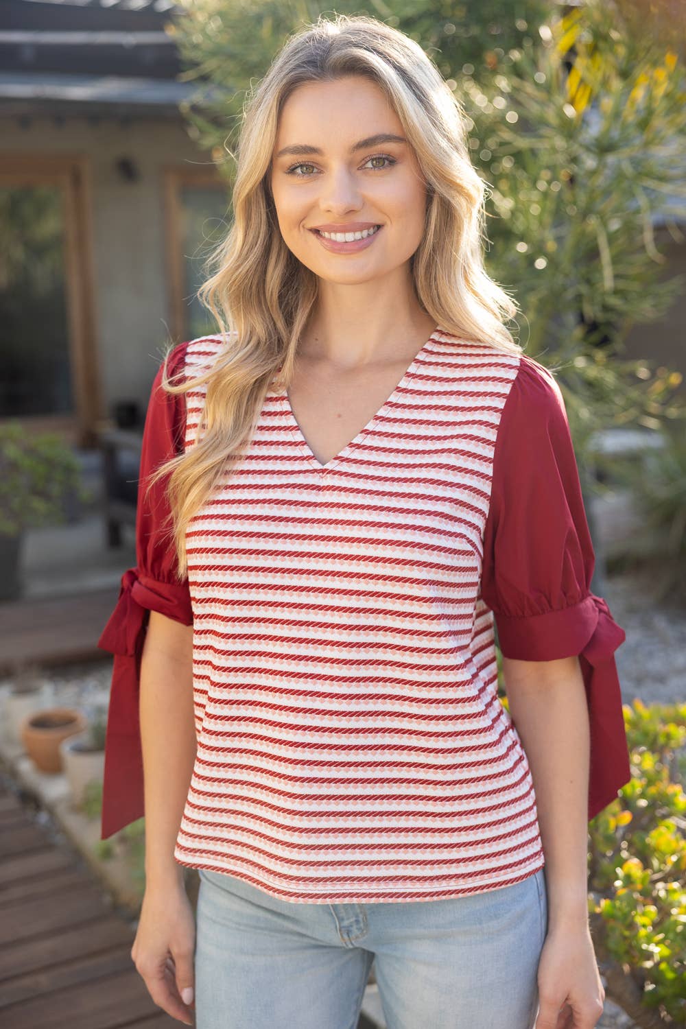 Self Tie Short Puff Sleeve Stripe Knit Top