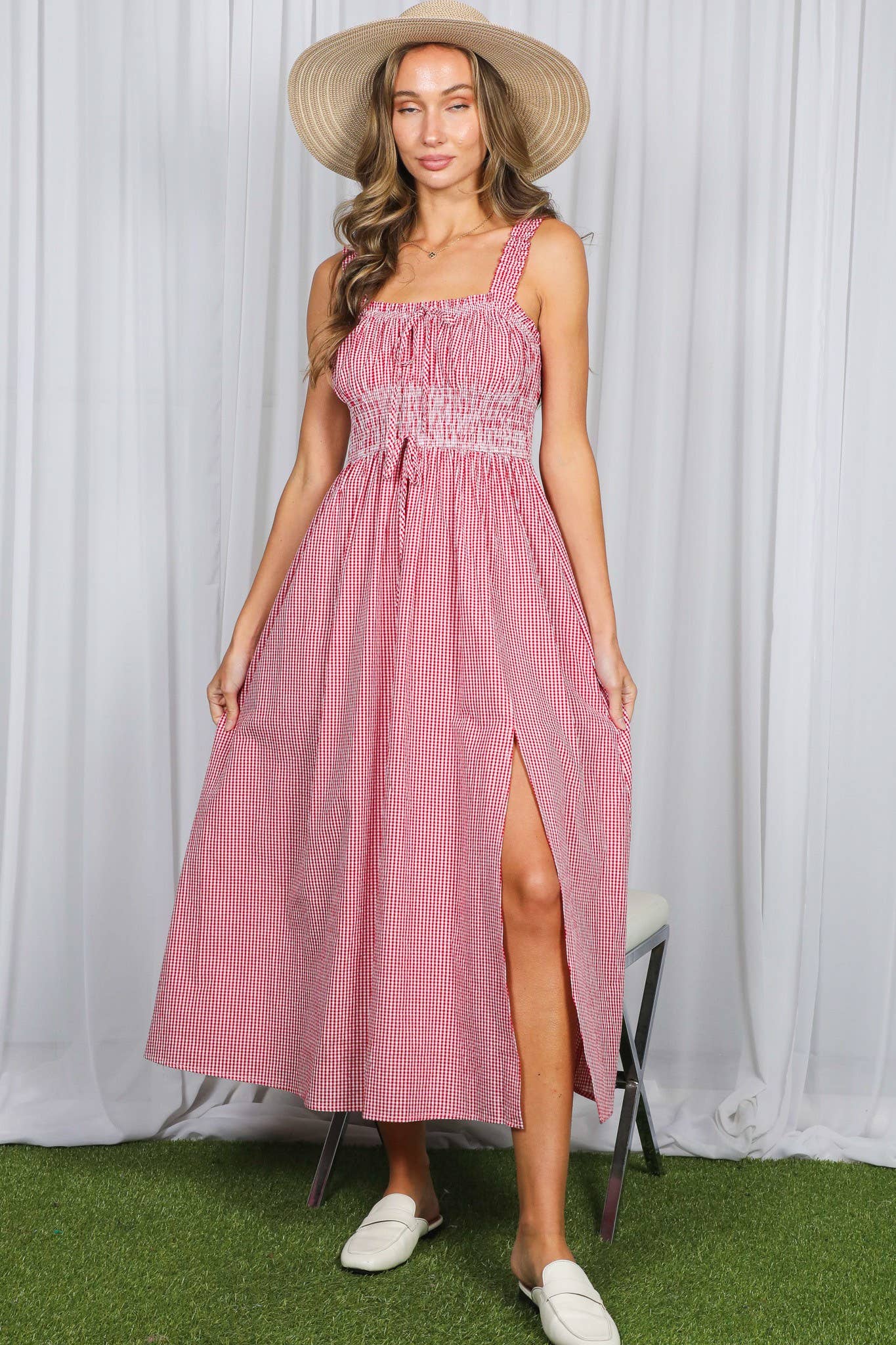 Front Bow Accent 100% Cotton Gingham Midi Dress