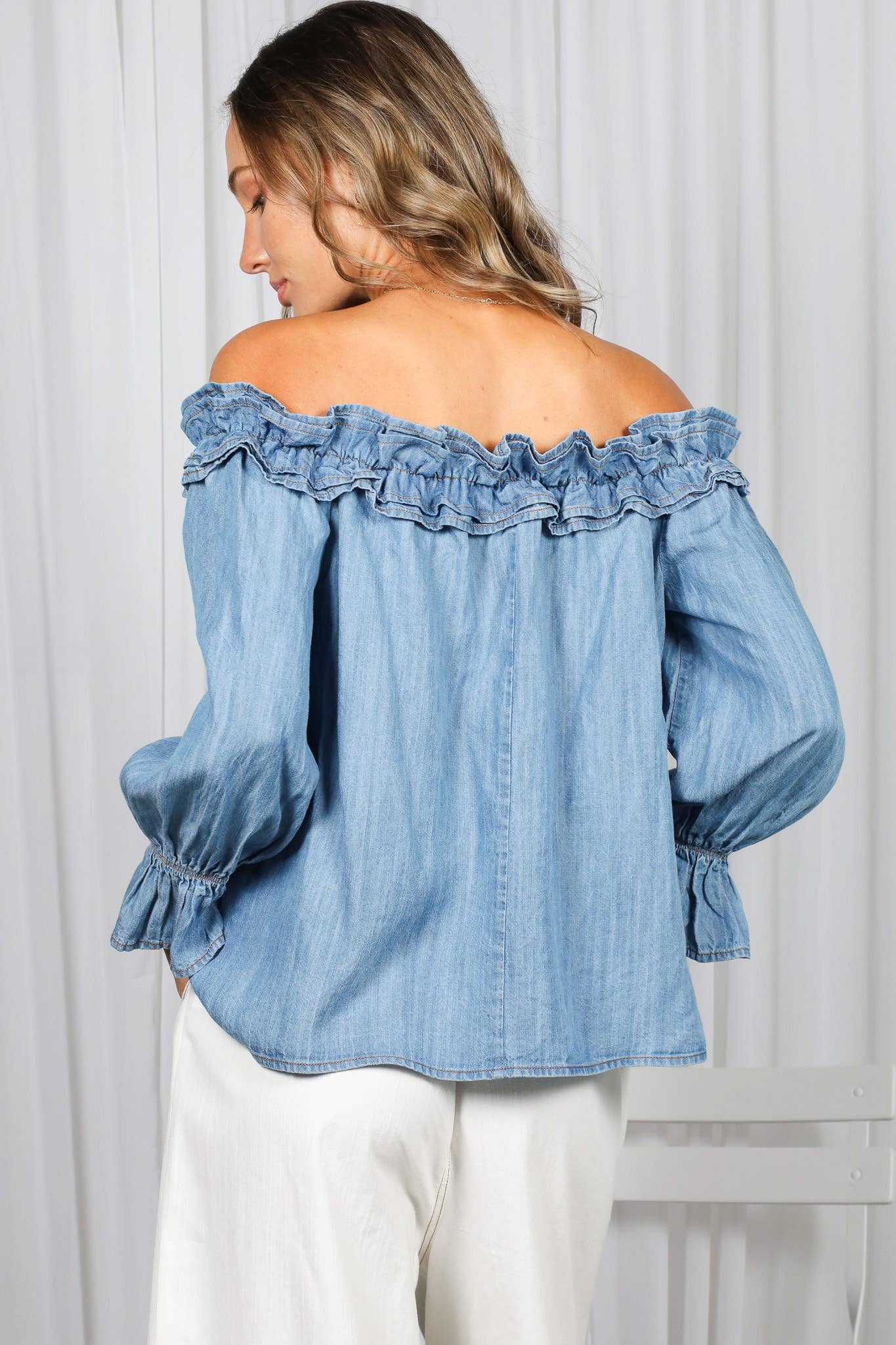Denim Casual Off Shoulder Chambray Blouse