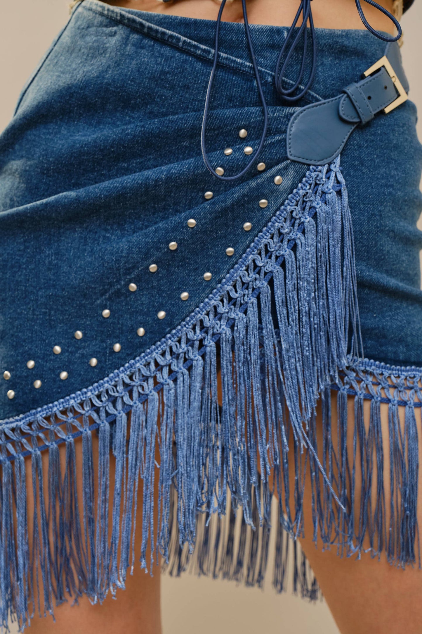 Fringe Wrap Denim Mini Skirt