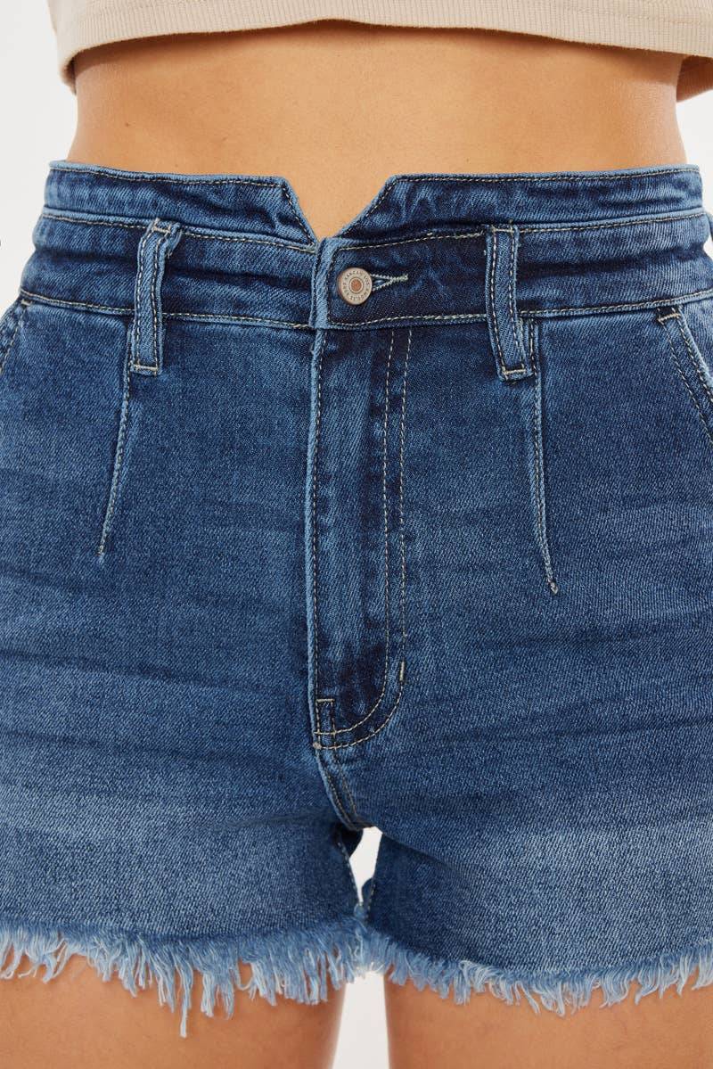 HIGH RISE FRAYED HEM ZIP FLY DENIM SHORTS