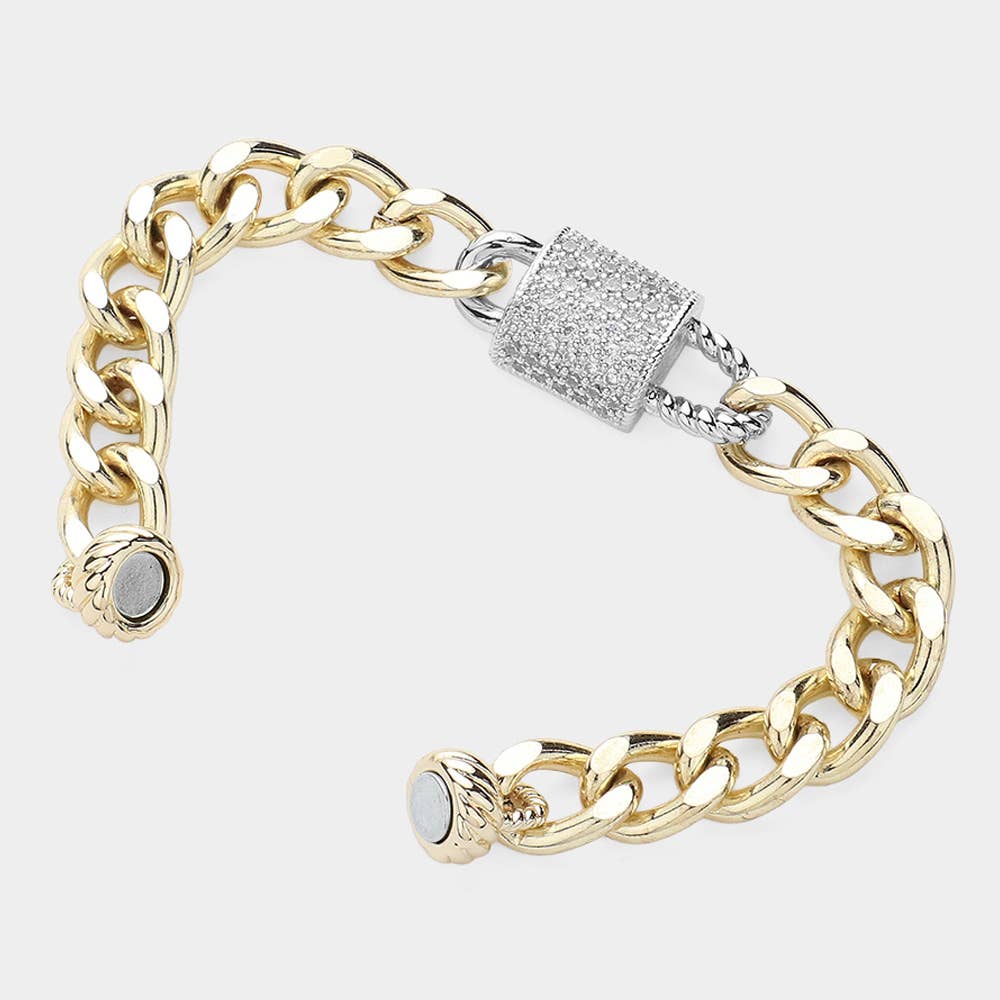 Two Tone CZ Stone Paved Lock Pointed Magnetic Bracelet