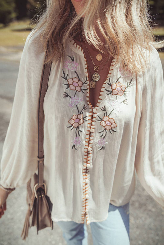 Floral Embroidered Puff Sleeve Loose Shirt