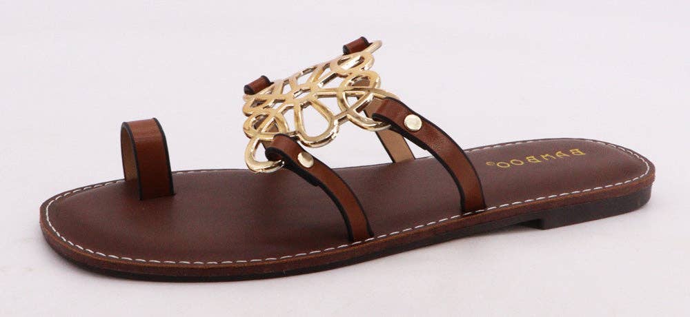 Cognac Gold Ring Toe Flat Sandals