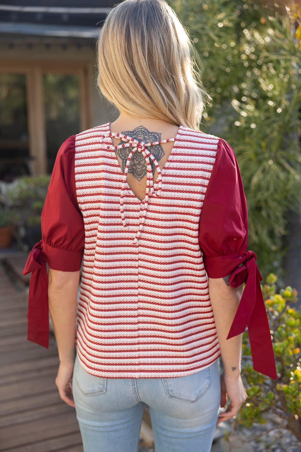 Self Tie Short Puff Sleeve Stripe Knit Top