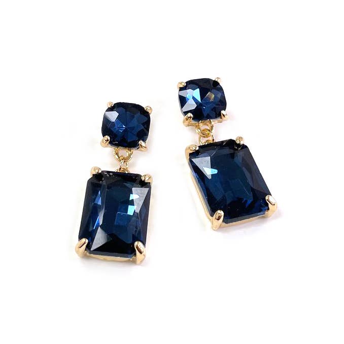 Double Square Linked Crystal Glass Dangle Earrings