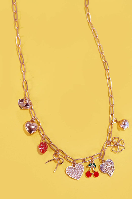 MULTI CHARM BOW CHERRY NECKLACE
