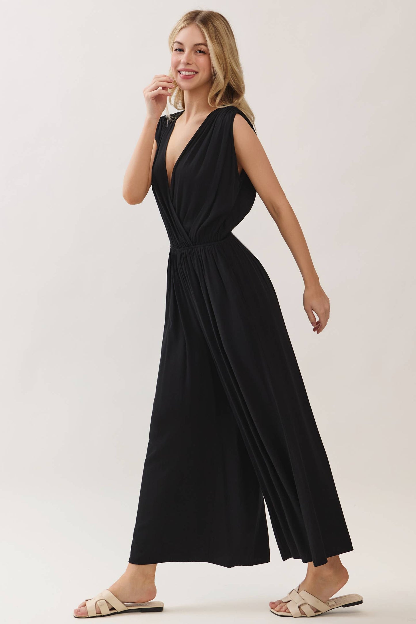 Woven Ruched Sleeveless Jumpsuit