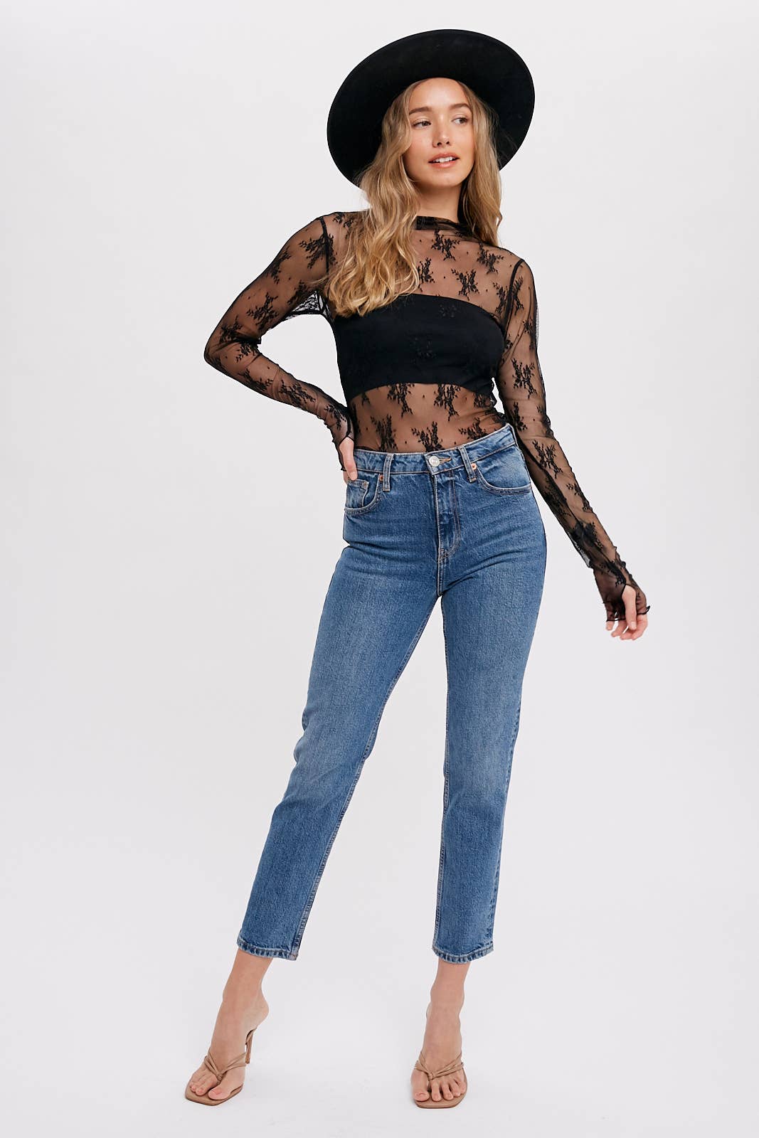 FLORAL LACE MESH TOP BLK