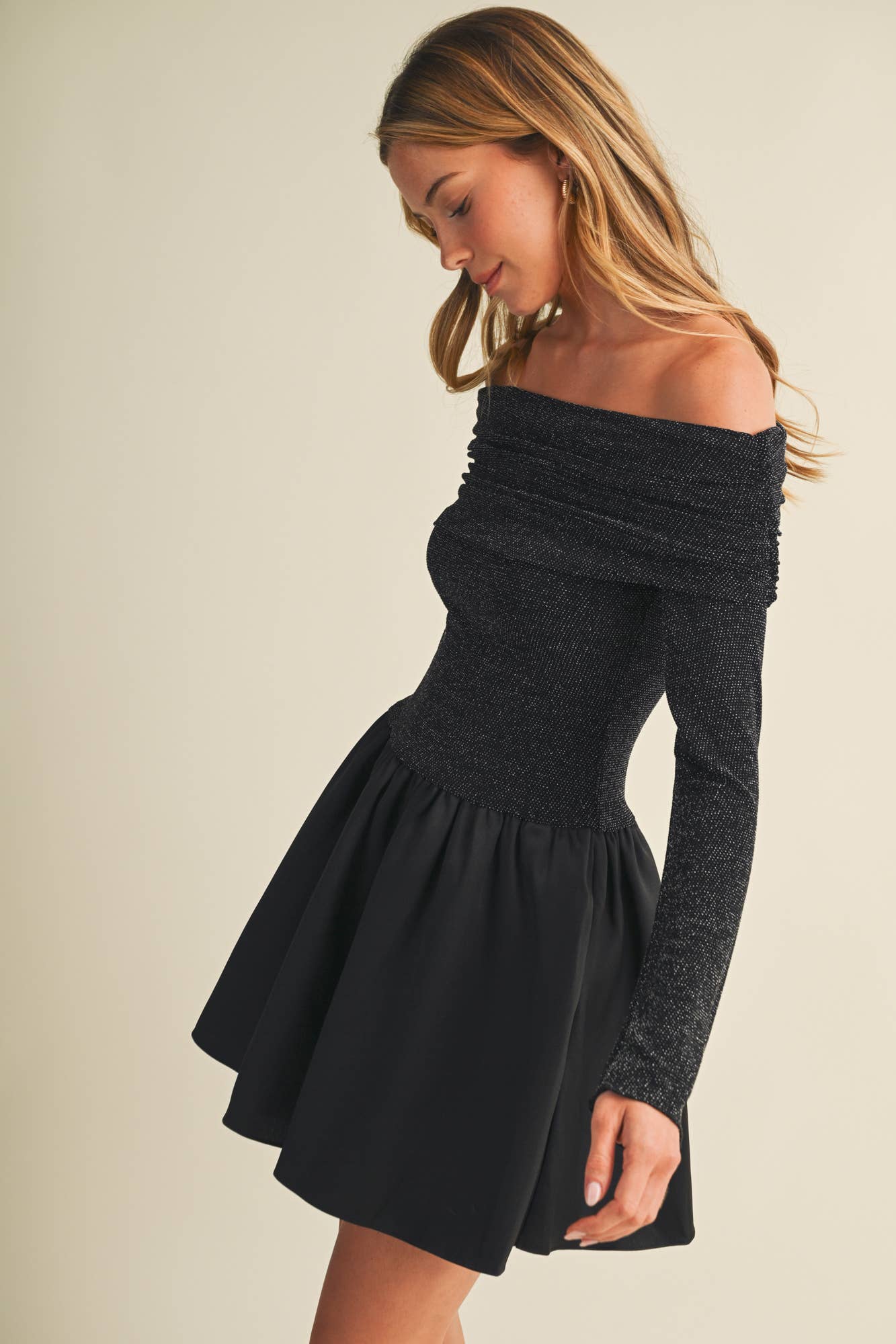 Off-Shoulder Shimmer Knit A-Less Dress