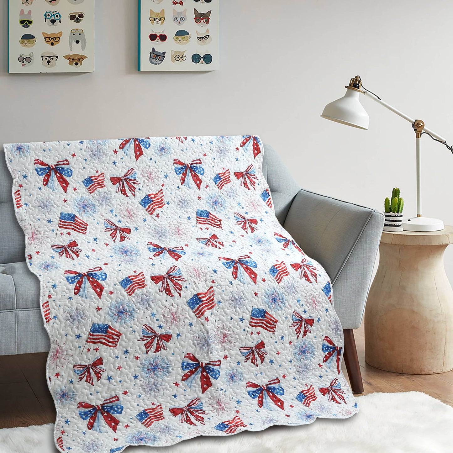 "Patriotic Bows"  Quilted Throw Blanket 50"x60"