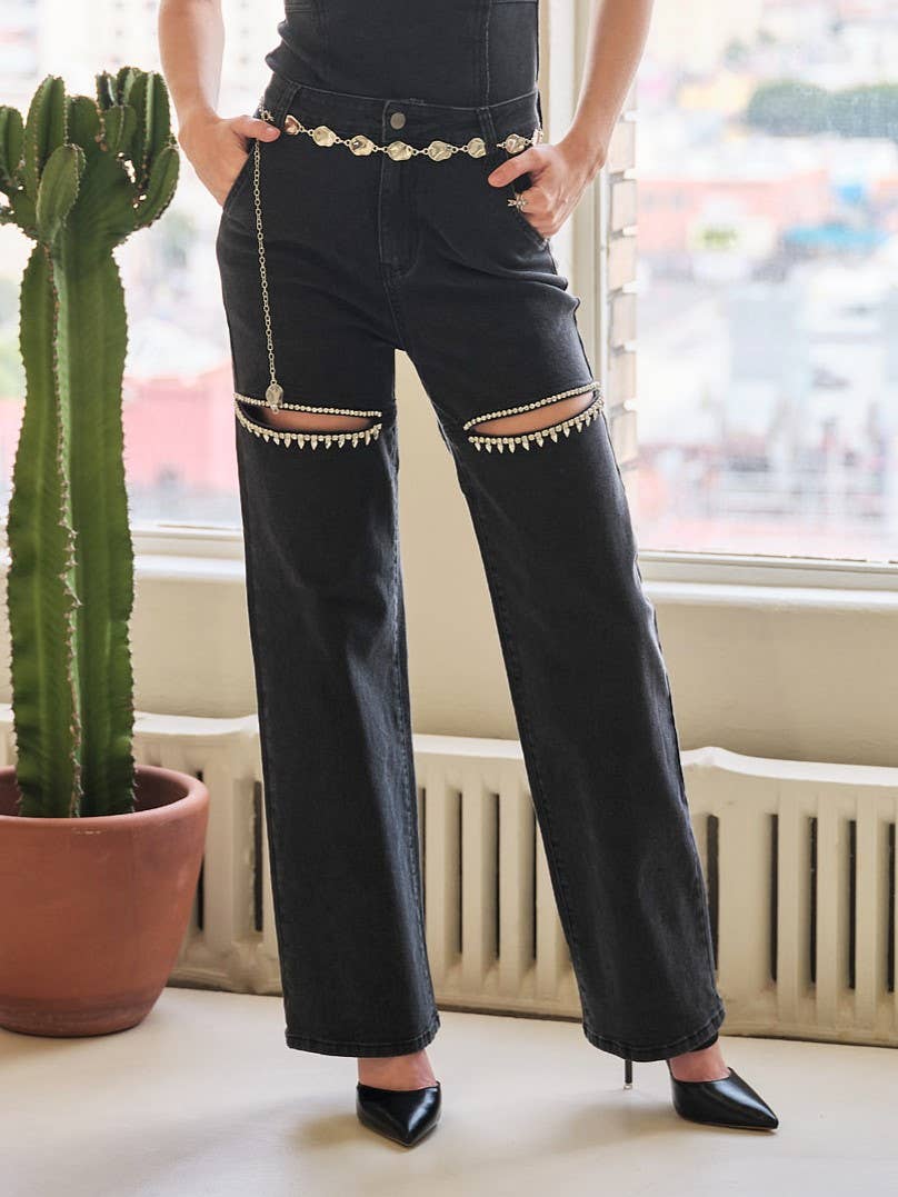 Cut Out Front Rhinestone Washed Denim Jeans: Black / S